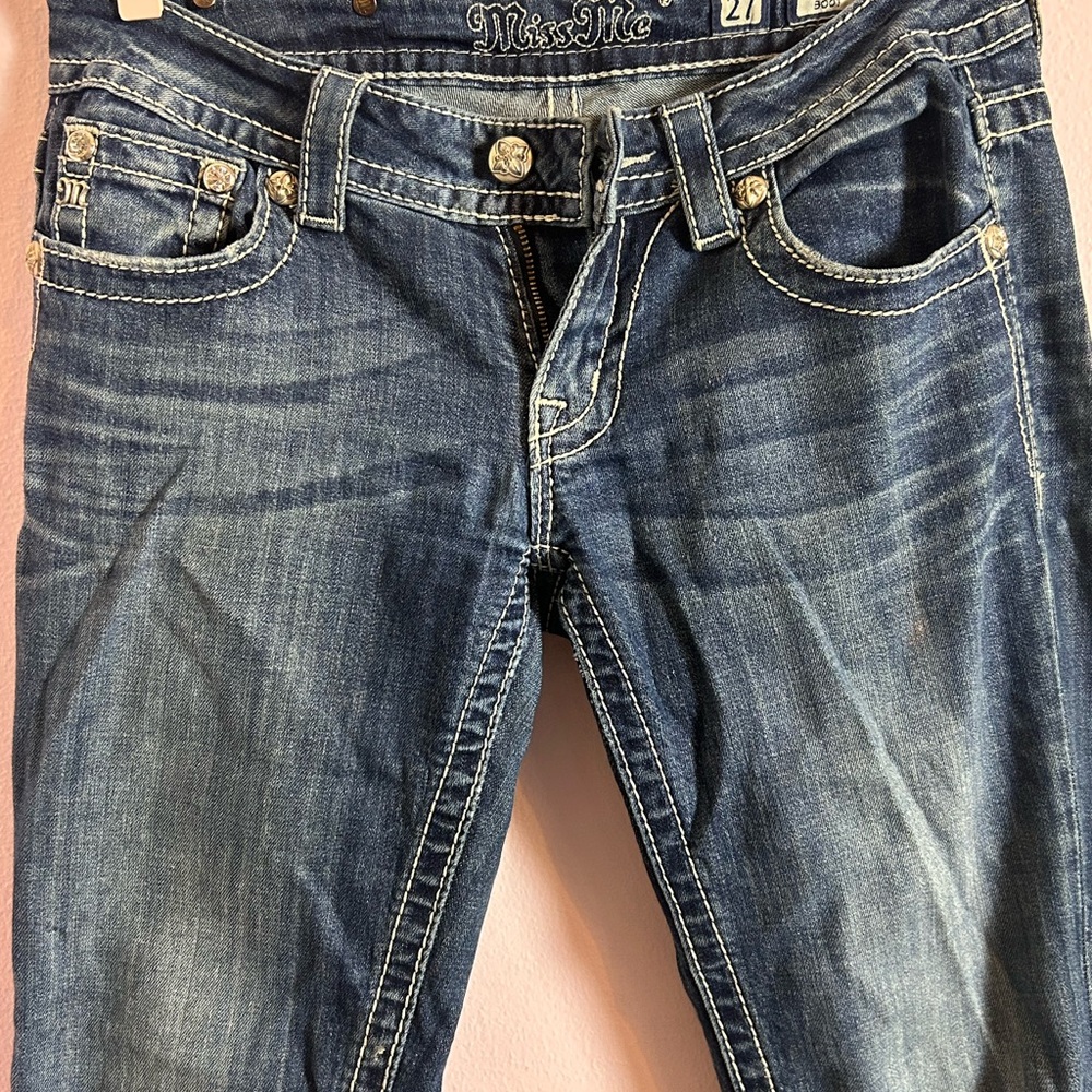 Miss Me Blue Boot Cut Jeans with Vintage Distressing